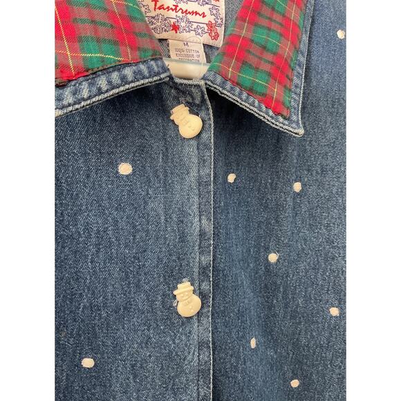 Vtg Tantrums Embroidered Christmas Denim Shirt Applique Snowmen Sz M - Picture 7 of 7